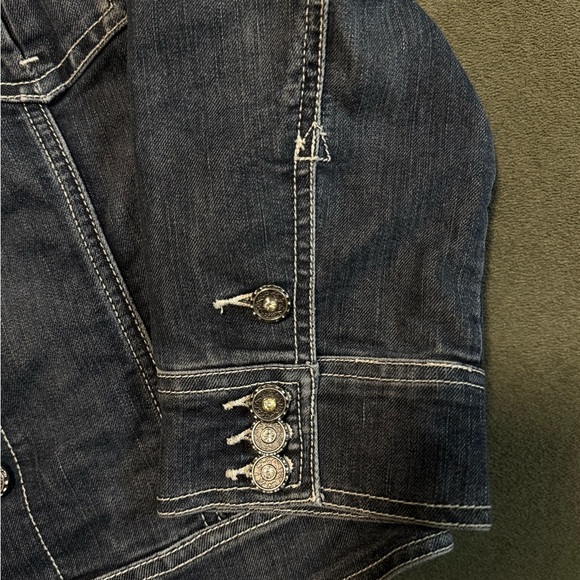Chico’s Platinum Rhinestone Dark Wash Denim Jacket with Unique Button Details - Picture 3 of 6